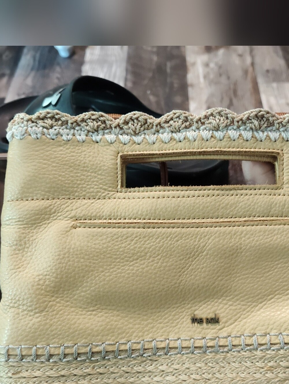 The Sak Yellow Leather & Crochet Wristlet Clutch
